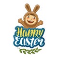 Vector illustration of happy Easter, greeting card. Funny child in bunny costume. Lettering typography