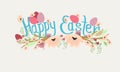 Vector Illustration with `Happy Easter` phrase, spring flowers and eggs