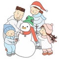 Vector illustration of happy family building and decorating a snowman for Christmas time in winter holiday Royalty Free Stock Photo