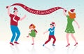 Vector illustration of happy family dancing, parents and their children celebrate Christmas,flat design