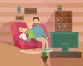 Vector illustration of happy family evening. Mother, father and kid watching television sitting on the couch at home Royalty Free Stock Photo