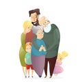 Vector illustration of happy family. Father, mother, grandfather,grandmother, son and daughter standing together and hug Royalty Free Stock Photo