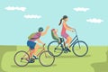 Vector illustration of happy family in helmets riding bikes outdoors.