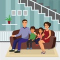 Vector illustration happy family in living room sitting on the sofa. Father, mother, son and daughter together sitting Royalty Free Stock Photo