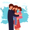 vector illustration of a happy family, mother father daughter son holding hands and hugging, complete prosperous family Royalty Free Stock Photo