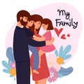 vector illustration of a happy family, mother father daughter son holding hands and hugging, complete prosperous family Royalty Free Stock Photo