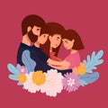 vector illustration of a happy family, mother father daughter son holding hands and hugging, complete prosperous family Royalty Free Stock Photo