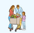 Vector illustration happy family shopping with child and shopping cart buying food at grocery storeor supermarket Royalty Free Stock Photo