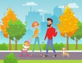 Vector illustration of happy family walks in the city park. Father, mother, baby and dog together outdoors. Husband Royalty Free Stock Photo