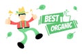 happy farmer and best organic agriculture green sign board cartoon doodle flat design vector illustration