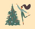 Vector illustration of happy female character decorating Christmas fir tree