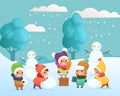 Vector illustration of happy funny and cute kids playing with snow, making snowman outside. children playing, winter Royalty Free Stock Photo