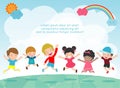 Vector Illustration Of Happy Funny Kids Playing Outside, happy children`s activity in the playground. Royalty Free Stock Photo