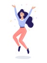 Vector illustration of happy girl jumping in excitement. I