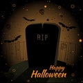 Happy Halloween dark card design with grave and bats. Vector illustration.