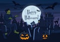 Vector illustration of Happy Halloween postcard and graveyard with zombie, pumpkin creatures and decorations. Royalty Free Stock Photo