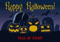 Vector illustration of Happy Halloween postcard with scary pumpkin lanterns on cemetery and trick or treat words. Royalty Free Stock Photo