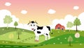 Vector illustration of happy and healthy cow grazing standing in grass field with tree, windmill and wood bran in sunny day,