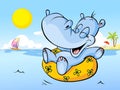 Vector illustration of happy hippo swim in sea