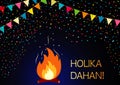 Vector Illustration for Happy Holi India holiday celebration. Fire, flags and the text Holika Dahan. Greeting card.