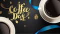 Vector illustration of happy International or national Coffee Day with hand lettering. Suitable for greeting card, poster and bann