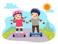 Happy kids in safety helmets riding on hoverboards in the park Royalty Free Stock Photo