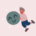 Vector illustration of Happy little boy hold happy emoji. Emotions concept