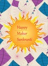 Vector illustration of Happy Makar Sankranti greeting card. colorful kites bright sun decorated on eggshell background.