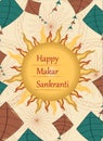 Vector illustration of Happy Makar Sankranti greeting card. Colorful kites with bright sun decorated on Dutch white background.