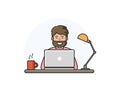 Vector illustration of happy man with beard working on computer.