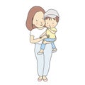 Vector illustration of happy mom holding little kid. Family, happy mother day, motherhood, early child development concept. Royalty Free Stock Photo