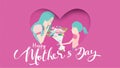 Vector illustration Happy mother`s day! Child daughter congratulates mom and gives her flowers tulips in frame of heart shape Royalty Free Stock Photo