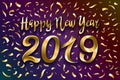 Vector illustration of happy new year 2019 gold and black collors place for text. Inflatable Gold Numbers on the Background of the Royalty Free Stock Photo