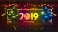 Vector illustration of happy new year 2019 gold and black colors place for text christmas balls