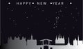 Happy new year greeting card with cityscape of Amsterdam