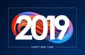Happy New Year 2019. Greeting card with colorful abstract twisted acrylic paint stroke shape. Trendy design Royalty Free Stock Photo