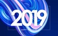 Happy New Year 2019. Greeting card with 3D Blue neon colored abstract twisted fluide shape. Trendy design Royalty Free Stock Photo