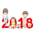 Vector illustration of 2018 happy new year greeting card design. Little kids with red number 2018, building wooden block, football Royalty Free Stock Photo