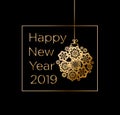 Vector illustration of Happy New Year greeting card. Gold glitter 2019. Black background with golden text and frame for Royalty Free Stock Photo