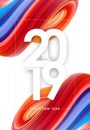 Vector illustration: Happy New Year 2019. Greeting poster with colorful abstract fluid twisted shape. Trendy design. Royalty Free Stock Photo