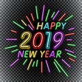 Vector Illustration. 2019 Happy New Year Neon Text. template for Seasonal Flyers and Greetings Card or Christmas themed invitation Royalty Free Stock Photo