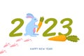 Vector illustration 2023 happy new year with rabbit and carrot in cartoon style. Eastern horoscope symbol, Chinese new