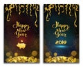 Vector illustration of happy new year 2019 on a violet and blue background text congratulations, golden ribbons and tinsel, piggy