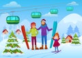 Vector illustration of happy patents and daughter with skis in mountains in winter. Winter family ski vacation.