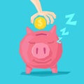 Vector illustration of a happy piggy Bank and hand with a Golden coin Royalty Free Stock Photo