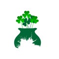 Vector illustration of Happy Saint Patrick`s Day, with cauldron and clover.