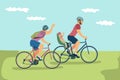 Vector illustration of happy same-sex family in helmets riding b