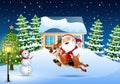 Happy santa claus riding a reindeer jumping in the snowing village Royalty Free Stock Photo