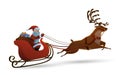 Vector illustration of Happy Santa claus riding a reindeer in white isolated background. Vector Illustration in Cartoon Royalty Free Stock Photo