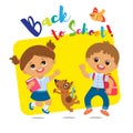 Welcome Back To School. Cute School Boy And Girl With Book And Schoolbag.